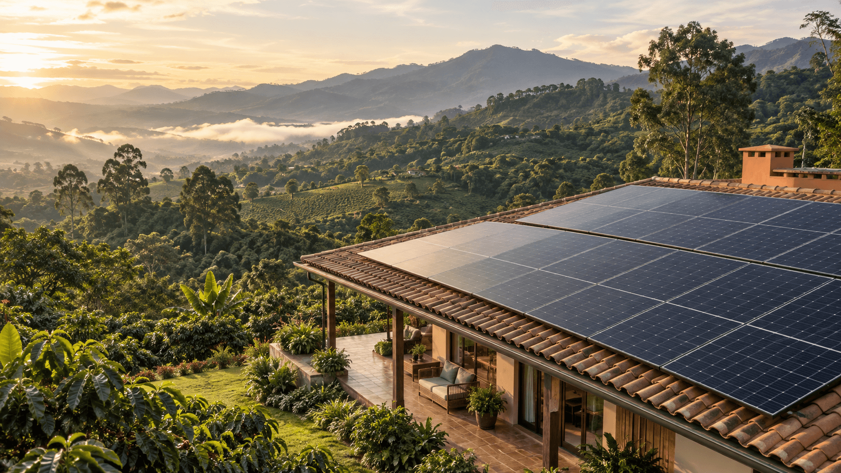 Escena ilustrativa de una vivienda con paneles solares entre montañas y vegetación colombiana